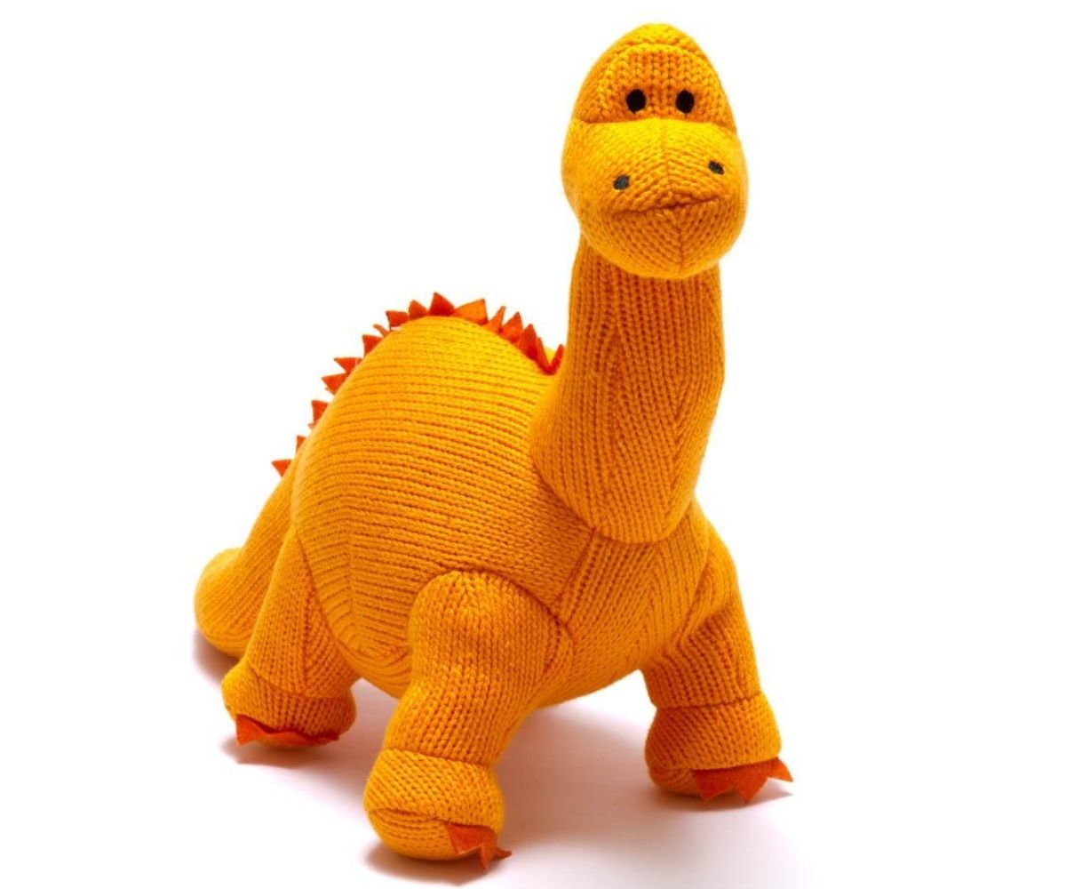 orange knitted diplodocus dinosaur toy for babies